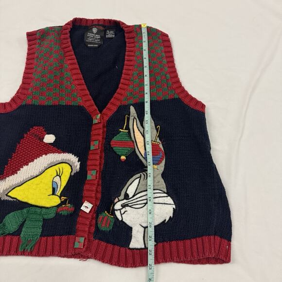 Vtg 1995 Looney Tunes Tweety Bugs Bunny Christmas HandKnit Sweater Vest Size L - Picture 7 of 9